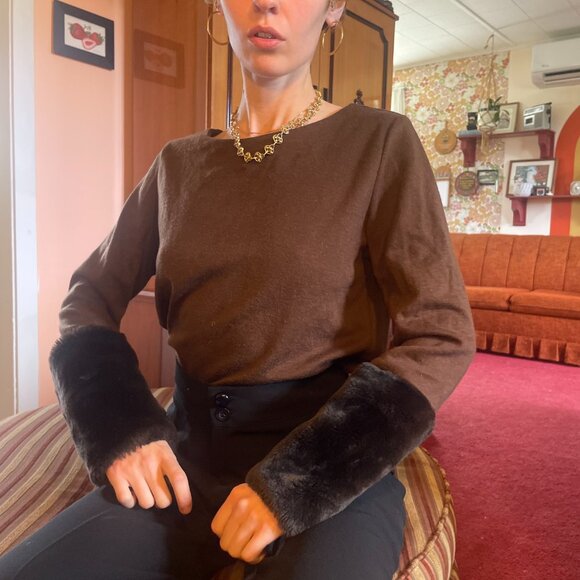 Y2K wool blend fur sleeve brown boatneck cropped sweater! - Picture 1 of 14